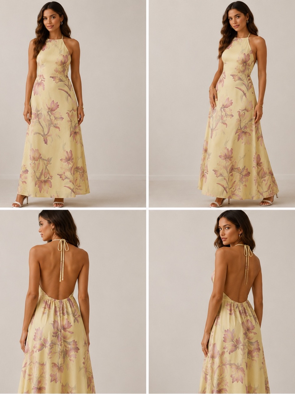 Yellow Floral Halter Neck Open Back Maxi Dress